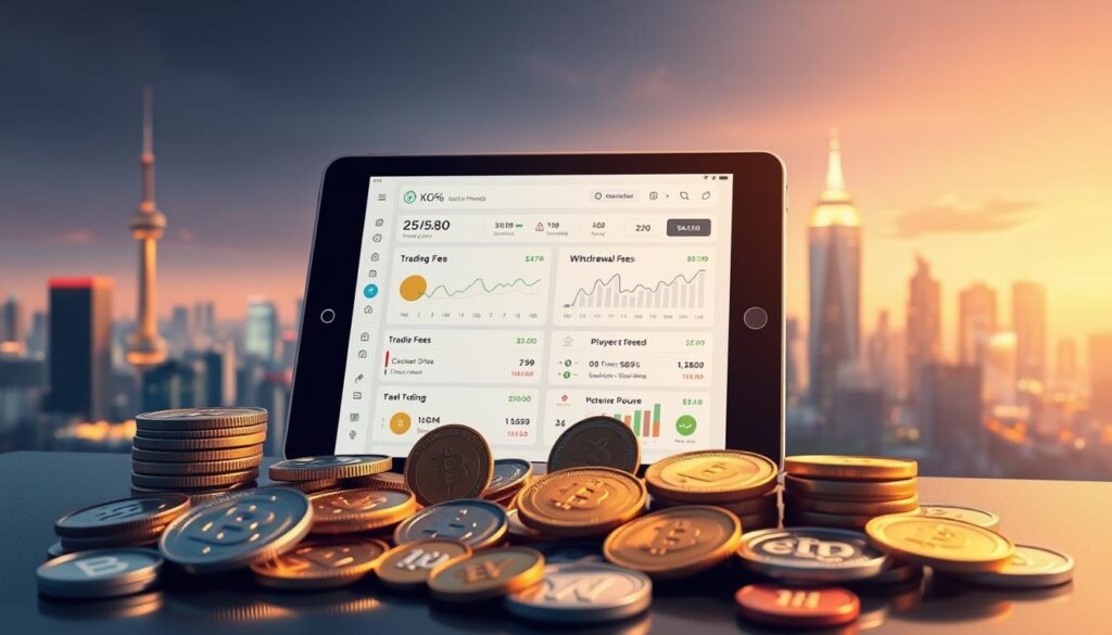 A detailed, visually appealing illustration depicting the concept of "fees" in the context of cryptocurrency rewards apps. In the foreground, a collection of coins and tokens representing various cryptocurrencies is neatly arranged, emphasizing their different values. The middle ground features a semi-transparent tablet displaying a user-friendly app interface with graphs and charts related to trading fees, withdrawal costs, and spreads. In the background, a stylized city skyline conveys the technological landscape, illuminated by soft, ambient lighting, suggesting a modern, digital atmosphere. The overall mood is professional yet approachable, aimed at beginners. Use a warm color palette to evoke a sense of trust and security. The composition should have a slight focus on the tablet interface, captured from a slightly elevated angle, adding depth to the image.
