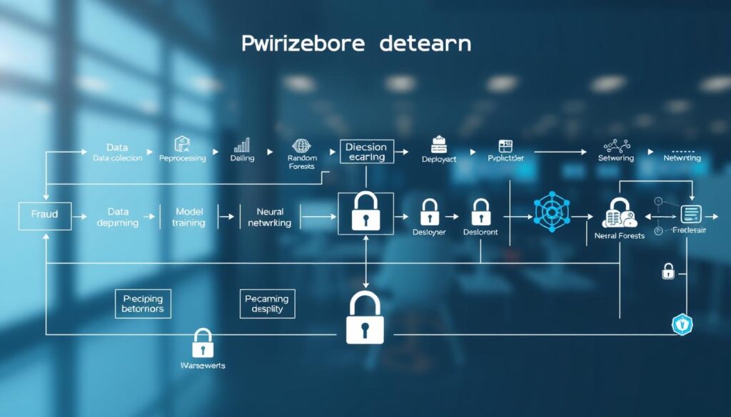 A detailed workflow diagram showcasing the implementation of a fraud detection system using machine learning. The foreground features a series of interconnected steps, including data collection, preprocessing, model training, and deployment. The middle ground depicts various machine learning algorithms such as decision trees, random forests, and neural networks. The background sets an atmosphere of security and safety, with subtle cybersecurity elements like lock icons and network diagrams. Bright, clean lighting and a sleek, modern design language convey a sense of efficiency and professionalism. The overall image should provide a comprehensive visual representation of the technical process involved in implementing a robust fraud detection solution.