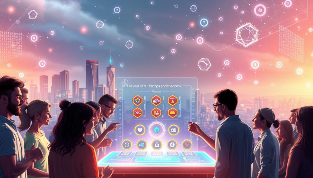 A digital art illustration depicting the benefits of an NFT-based loyalty rewards program. In the foreground, a group of diverse people enthusiastically engaging with a holographic display showcasing NFT reward tiers, badges, and exclusive access. The middle ground features a gleaming cityscape with futuristic skyscrapers, hinting at the advanced technological infrastructure. In the background, an ethereal, data-driven landscape with floating blockchain nodes and cryptographic patterns, symbolizing the secure, decentralized nature of the NFT system. The lighting is a captivating blend of neon accents and soft, diffused illumination, creating a visually striking and immersive atmosphere. The overall composition conveys the seamless integration of community, technology, and the transformative power of NFT-driven loyalty rewards. A digital art illustration depicting the benefits of an NFT-based loyalty rewards program. In the foreground, a group of diverse people enthusiastically engaging with a holographic display showcasing NFT reward tiers, badges, and exclusive access. The middle ground features a gleaming cityscape with futuristic skyscrapers, hinting at the advanced technological infrastructure. In the background, an ethereal, data-driven landscape with floating blockchain nodes and cryptographic patterns, symbolizing the secure, decentralized nature of the NFT system. The lighting is a captivating blend of neon accents and soft, diffused illumination, creating a visually striking and immersive atmosphere. The overall composition conveys the seamless integration of community, technology, and the transformative power of NFT-driven loyalty rewards.