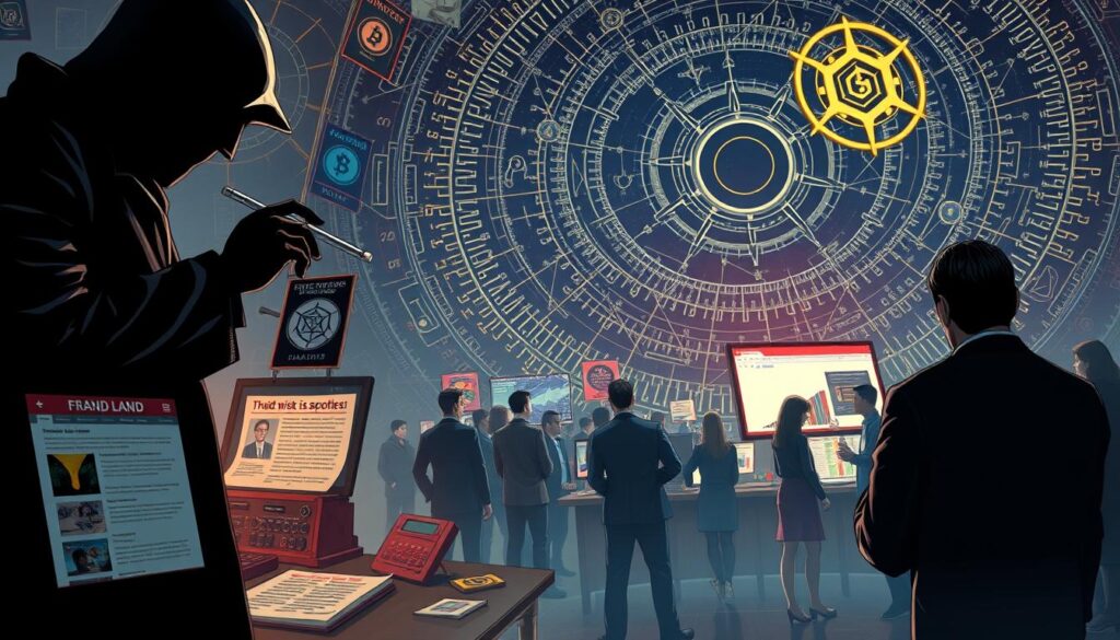 A digital art illustration depicting various tactics used in NFT fraud. The foreground features a shadowy figure attempting to deceive an unsuspecting investor, surrounded by suspicious-looking NFT assets, scam websites, and other fraud indicators. The middle ground showcases a crowd of concerned individuals analyzing NFT transactions and market data, looking for red flags. The background is a complex, abstract representation of the blockchain technology, with intricate patterns and enigmatic symbols. The overall mood is one of vigilance, caution, and the need for increased awareness against NFT-related scams. Realistic lighting, detailed textures, and a cinematic angle create a powerful, thought-provoking visual narrative. A digital art illustration depicting various tactics used in NFT fraud. The foreground features a shadowy figure attempting to deceive an unsuspecting investor, surrounded by suspicious-looking NFT assets, scam websites, and other fraud indicators. The middle ground showcases a crowd of concerned individuals analyzing NFT transactions and market data, looking for red flags. The background is a complex, abstract representation of the blockchain technology, with intricate patterns and enigmatic symbols. The overall mood is one of vigilance, caution, and the need for increased awareness against NFT-related scams. Realistic lighting, detailed textures, and a cinematic angle create a powerful, thought-provoking visual narrative.