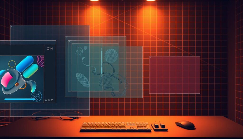 A digital art studio with a deep, intricate layer organization. In the foreground, a series of transparent digital layers float and intersect, each containing abstract shapes, patterns, and vibrant colors. The middle ground features a minimalist user interface with sliders, buttons, and tools for precise layer manipulation. In the background, a grid-like structure of lines and gradients creates a sense of depth and technical complexity. Warm, subtle lighting casts a soft glow, emphasizing the digital nature of the scene. The overall mood is one of meticulous craftsmanship, where every layer is carefully considered and arranged to form a cohesive, visually striking digital artwork.