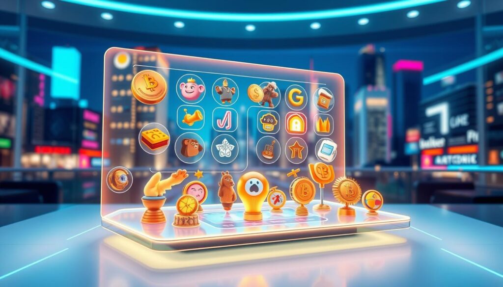 A digital canvas with a vibrant, futuristic design showcasing the transformation of traditional loyalty systems. In the foreground, a sleek, holographic display depicts a collection of unique, animated digital collectibles - each one a testament to the power of blockchain technology to reinvent customer engagement. The middle ground features a stylized, interactive user interface, inviting viewers to explore and interact with these cutting-edge rewards. The background is a dynamic, neon-infused cityscape, hinting at the boundless potential of this digital revolution in loyalty programs. Soft, directional lighting accentuates the clean, modern aesthetics, creating a sense of energy and innovation. The overall mood conveys a seamless fusion of tradition and technology, inspiring a new era of customer loyalty. A digital canvas with a vibrant, futuristic design showcasing the transformation of traditional loyalty systems. In the foreground, a sleek, holographic display depicts a collection of unique, animated digital collectibles - each one a testament to the power of blockchain technology to reinvent customer engagement. The middle ground features a stylized, interactive user interface, inviting viewers to explore and interact with these cutting-edge rewards. The background is a dynamic, neon-infused cityscape, hinting at the boundless potential of this digital revolution in loyalty programs. Soft, directional lighting accentuates the clean, modern aesthetics, creating a sense of energy and innovation. The overall mood conveys a seamless fusion of tradition and technology, inspiring a new era of customer loyalty.