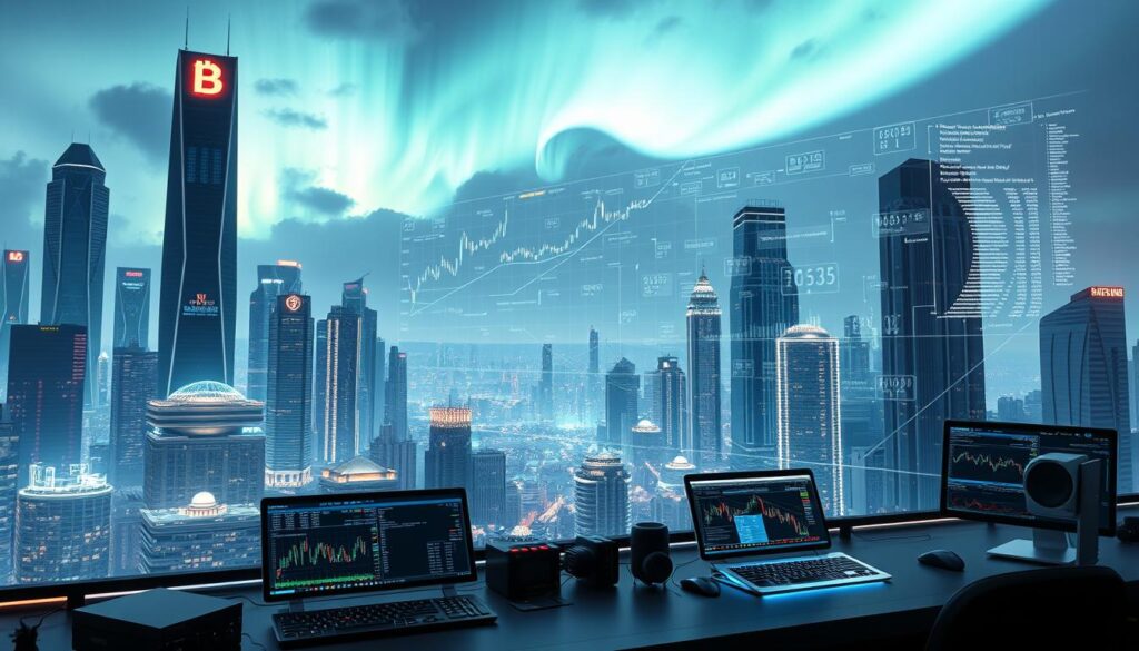 A digital cityscape of a futuristic financial hub, with towering skyscrapers and holographic data visualizations. In the foreground, a trader's desk is adorned with sleek cryptocurrency trading terminals and an array of neural networks. The middle ground features a floating array of charts, graphs, and algorithmic trading strategies, all interconnected by glowing lines of code. In the background, a stunning aurora borealis lights up the sky, casting a serene and contemplative mood over the scene. The lighting is a mix of cool tones and warm highlights, creating a sense of technological elegance. The camera angle is slightly elevated, providing a panoramic view of this AI-powered crypto derivative trading landscape.