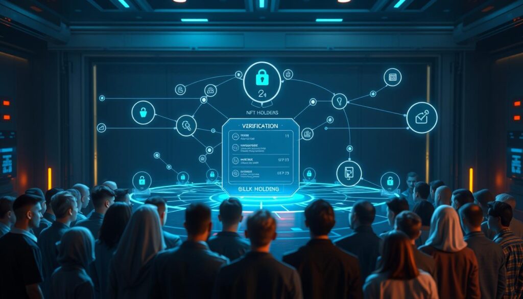 A digital community verification platform, featuring a futuristic user interface with sleek, minimalist design. In the foreground, a group of diverse avatars representing different NFT holders, gathered around a central verification hub. The hub displays holographic menus, access controls, and status indicators, all bathed in a cool, blue-tinted lighting. In the middle ground, a network of interconnected nodes and data streams flow between the verification hub and individual user profiles, highlighting the dynamic and collaborative nature of the platform. The background is a dimly lit, metallic environment, with subtle hints of neon accents, conveying a sense of technological sophistication and security.