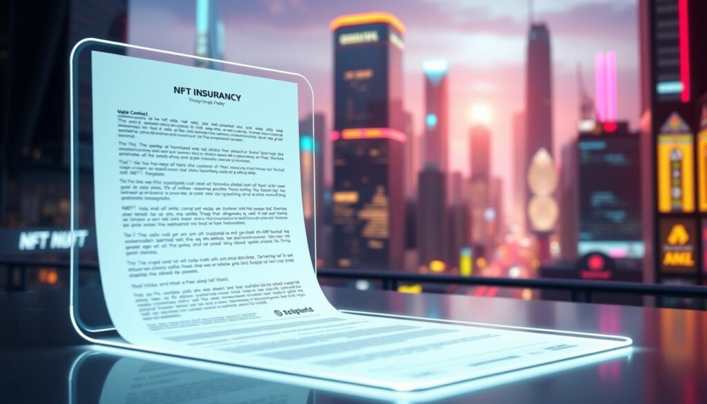 A digital contract for an NFT insurance policy, with a clear and concise layout. In the foreground, a holographic display showcases the policy details, with a sleek and modern user interface. The middle ground features a 3D rendering of the NFT artwork, highlighted by dynamic lighting and subtle reflections. The background depicts a futuristic cityscape, with towering skyscrapers and a vibrant, neon-infused atmosphere, conveying a sense of technological advancement and innovation. The overall scene exudes a professional, secure, and trustworthy ambiance, reflecting the importance of a comprehensive NFT insurance solution. A digital contract for an NFT insurance policy, with a clear and concise layout. In the foreground, a holographic display showcases the policy details, with a sleek and modern user interface. The middle ground features a 3D rendering of the NFT artwork, highlighted by dynamic lighting and subtle reflections. The background depicts a futuristic cityscape, with towering skyscrapers and a vibrant, neon-infused atmosphere, conveying a sense of technological advancement and innovation. The overall scene exudes a professional, secure, and trustworthy ambiance, reflecting the importance of a comprehensive NFT insurance solution.