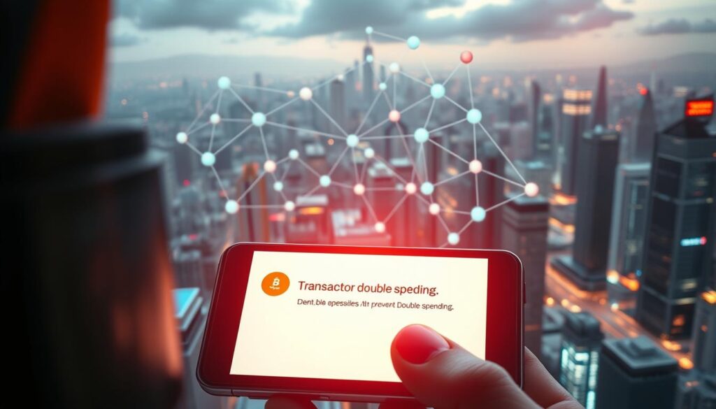 A digital currency transaction is disrupted by a double spending attack. In the foreground, a digital wallet interface displays a transaction being rejected due to double spending. In the middle ground, a complex network of nodes and connections representing a blockchain system is shown, with visual elements highlighting the verification and consensus mechanisms that prevent double spending. The background depicts a futuristic cityscape, hinting at the widespread use and integration of digital currencies in modern society. The lighting is dramatic, with a mix of cool and warm tones, creating a sense of tension and importance around the issue of the double spending problem in the world of digital currencies. A digital currency transaction is disrupted by a double spending attack. In the foreground, a digital wallet interface displays a transaction being rejected due to double spending. In the middle ground, a complex network of nodes and connections representing a blockchain system is shown, with visual elements highlighting the verification and consensus mechanisms that prevent double spending. The background depicts a futuristic cityscape, hinting at the widespread use and integration of digital currencies in modern society. The lighting is dramatic, with a mix of cool and warm tones, creating a sense of tension and importance around the issue of the double spending problem in the world of digital currencies.