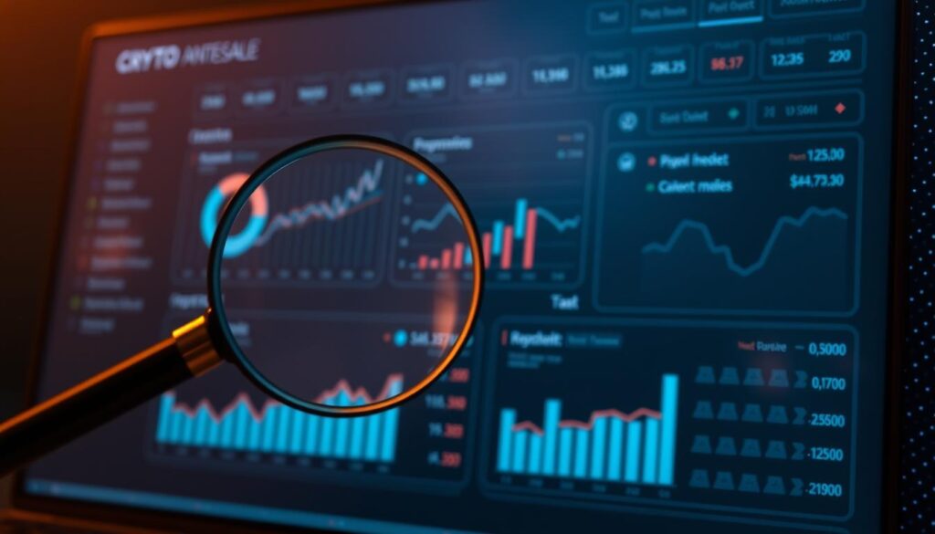 A digital dashboard displaying an interactive crypto presale analysis, bathed in a soft, warm glow. In the foreground, a magnifying glass hovers over various charts, graphs, and data visualizations, highlighting key metrics and performance indicators. The middle ground features a sleek, minimalist interface with intuitive controls, allowing for in-depth exploration of presale details. In the background, a subtle, holographic grid pattern creates a sense of depth and technological sophistication. The overall atmosphere conveys a sense of informed decision-making, financial diligence, and a careful, deliberate approach to evaluating crypto presales. A digital dashboard displaying an interactive crypto presale analysis, bathed in a soft, warm glow. In the foreground, a magnifying glass hovers over various charts, graphs, and data visualizations, highlighting key metrics and performance indicators. The middle ground features a sleek, minimalist interface with intuitive controls, allowing for in-depth exploration of presale details. In the background, a subtle, holographic grid pattern creates a sense of depth and technological sophistication. The overall atmosphere conveys a sense of informed decision-making, financial diligence, and a careful, deliberate approach to evaluating crypto presales.