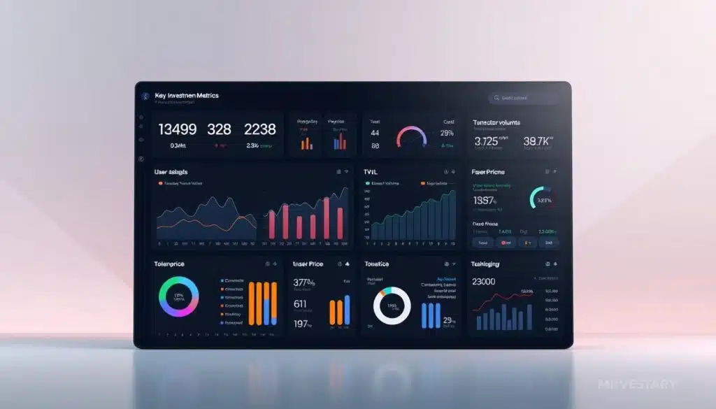 A digital dashboard displaying key investment metrics for a Layer 2 cryptocurrency project. The dashboard is centered against a minimalist background with a soft, muted color palette. The foreground features interactive charts and graphs showcasing metrics like transaction volume, user growth, TVL, and token price performance. The middle ground includes concise data visualizations and KPIs highlighting the project's technical and financial health. The background subtly blends blockchain-inspired geometric patterns, creating a sleek, futuristic aesthetic. Lighting is soft and balanced, with a focus on clear data presentation. The entire scene conveys a sense of informed decision-making and investment-ready confidence in the Layer 2 project.