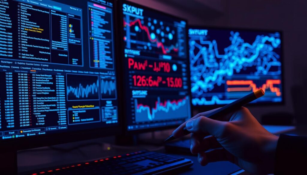 A digital forensics analyst's workstation, with multiple screens displaying complex cryptocurrency transaction data and analytics dashboards. Glowing neon-blue blockchain visualizations in the background, casting a futuristic glow. In the foreground, a hand using a stylus to meticulously trace suspicious financial flows and identify potential money laundering patterns. The scene has a tense, focused atmosphere, conveying the importance of uncovering illicit cryptocurrency activities.