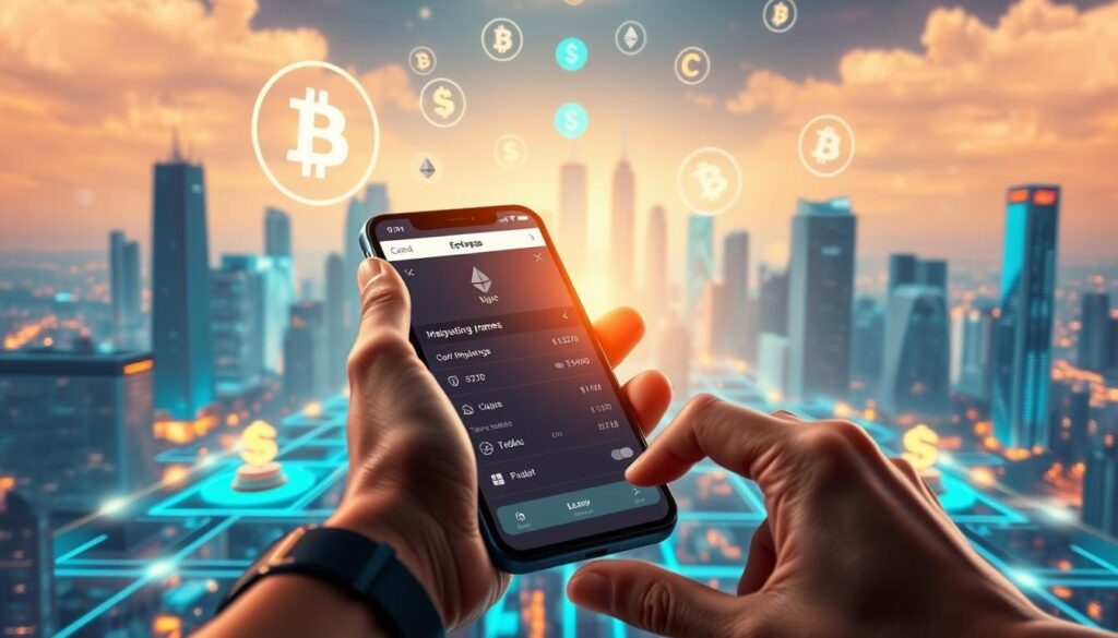 A digital illustration depicting cryptocurrency payment functionality. In the foreground, a hand holds a mobile device with a cryptocurrency payment app interface displayed, showcasing a transaction in progress. In the middle ground, a variety of digital currency symbols, such as Bitcoin and Ethereum, float above a stylized blockchain network. In the background, a futuristic cityscape with skyscrapers and holographic projections creates an immersive, technologically advanced atmosphere. The scene is illuminated by a warm, ambient lighting, conveying a sense of innovation and financial progress.