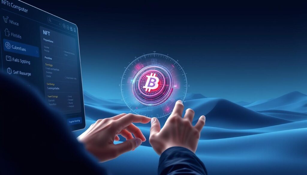 A digital illustration depicting the step-by-step process of NFT staking. In the foreground, a person's hands interacting with a sleek, futuristic-looking user interface, navigating through various options and menus. The middle ground showcases a detailed 3D model of an NFT, rotating and pulsing with a vibrant, holographic-like energy. In the background, a minimalist, abstract landscape of geometric shapes and gradients, creating a sense of depth and technological sophistication. The lighting is soft and diffused, with strategic highlights accentuating the interface and the NFT model. The overall mood is one of simplicity, efficiency, and the seamless integration of technology and finance.