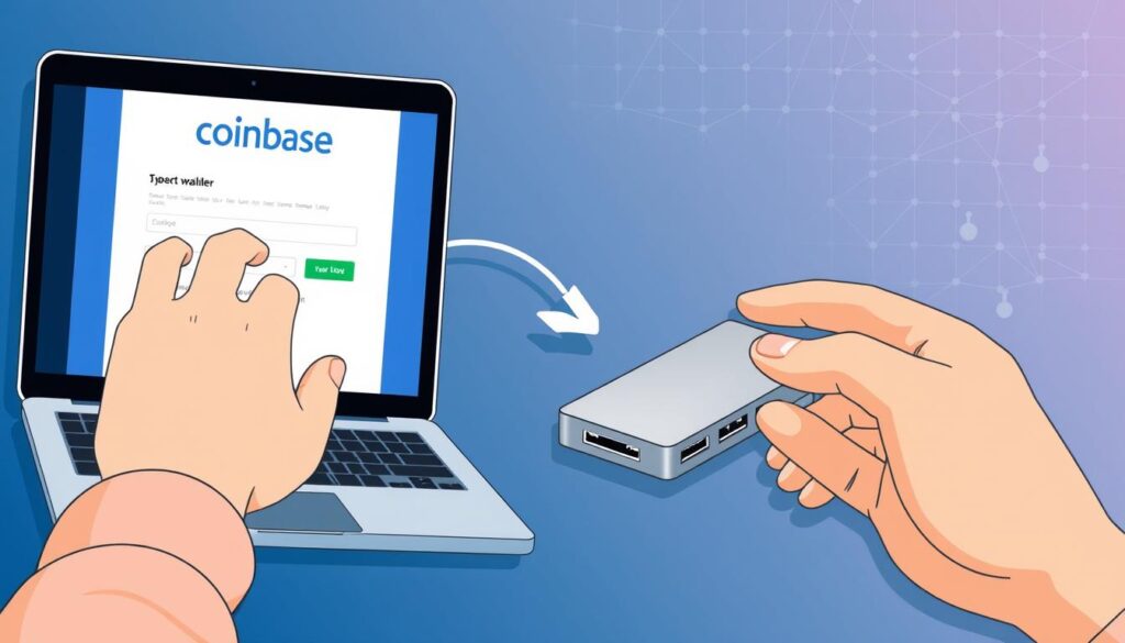 A digital illustration depicting the step-by-step process of transferring cryptocurrency from a Coinbase exchange account to a secure hardware wallet. The scene shows a user's hands interacting with a laptop and a physical hardware wallet device. The foreground displays the user's hands navigating through a Coinbase interface, with the exchange's logo visible. The middle ground showcases the hardware wallet, its sleek design and connectivity ports highlighted. The background features a subtle grid-like pattern, representing the blockchain network that facilitates the secure transfer. The overall mood is one of focus, precision, and the reassurance of safeguarding digital assets.