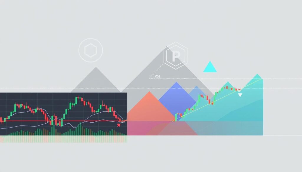 A digital illustration depicting various technical analysis indicators used for identifying support and resistance levels in cryptocurrency markets. The foreground showcases a series of candlestick charts, each overlaid with dynamic moving averages, Bollinger Bands, and RSI indicators. The midground features abstracted geometric shapes and gradient-based visualizations representing the interplay between these technical signals. The background is a minimalist, monochromatic setting, allowing the core analytical elements to take center stage. The overall composition conveys a sense of data-driven decision-making, with a sleek, modern aesthetic suitable for a finance-oriented article. A digital illustration depicting various technical analysis indicators used for identifying support and resistance levels in cryptocurrency markets. The foreground showcases a series of candlestick charts, each overlaid with dynamic moving averages, Bollinger Bands, and RSI indicators. The midground features abstracted geometric shapes and gradient-based visualizations representing the interplay between these technical signals. The background is a minimalist, monochromatic setting, allowing the core analytical elements to take center stage. The overall composition conveys a sense of data-driven decision-making, with a sleek, modern aesthetic suitable for a finance-oriented article.