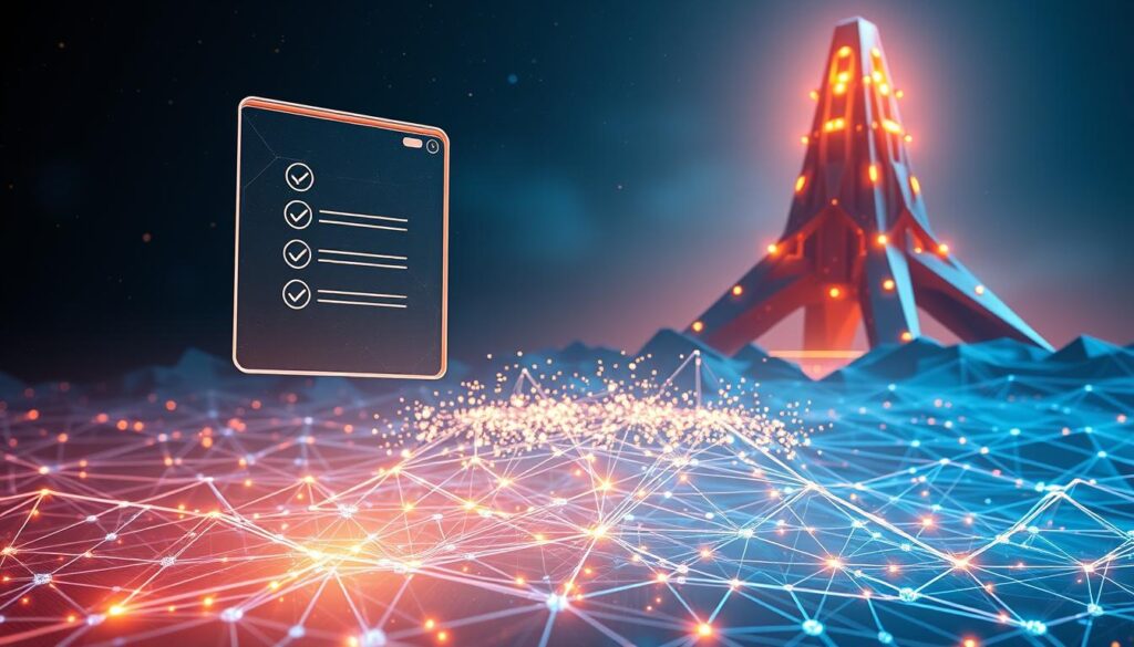 A digital landscape depicting the core concepts of a decentralized autonomous organization (DAO). In the foreground, a transparent voting interface hovers above a blockchain network, representing the decentralized decision-making processes. In the middle ground, a self-executing smart contract stands as the central governing mechanism, surrounded by a flurry of cryptocurrency tokens. In the background, a towering, geometric structure symbolizes the distributed, autonomous nature of the DAO, bathed in a warm, futuristic glow. The overall scene conveys a sense of technological sophistication, transparency, and the empowerment of a community-driven, self-governing system.