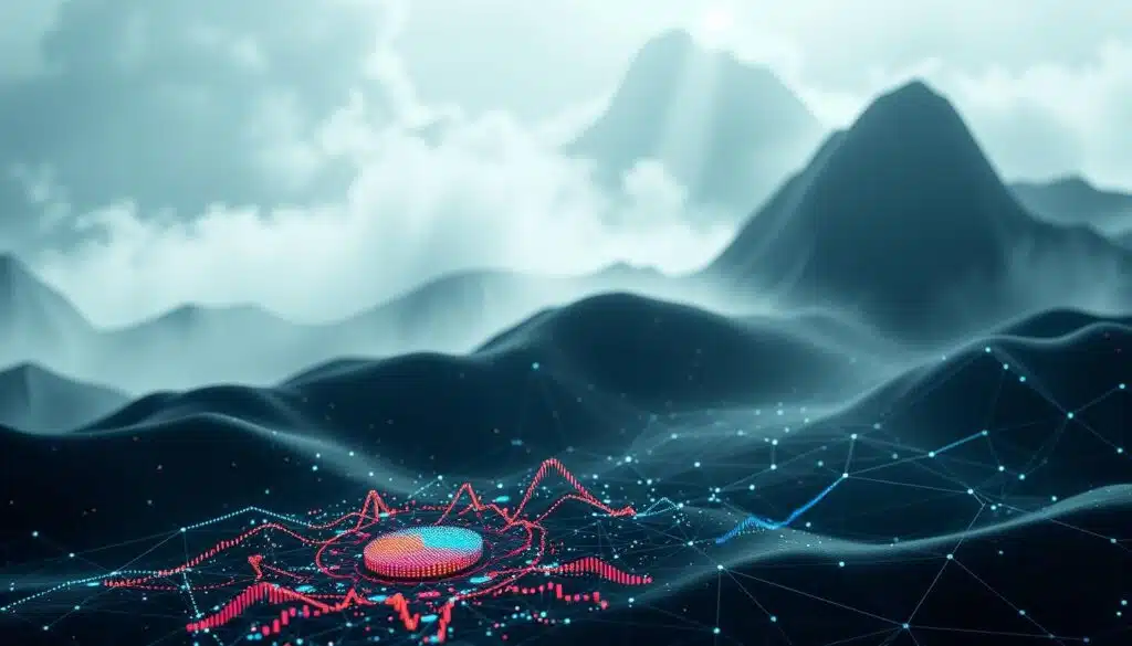 A digital landscape filled with abstract shapes and geometric patterns, representing the intricate concepts of machine learning algorithms applied to cryptocurrency liquidity analysis. In the foreground, a central data visualization pulsates with vibrant colors, displaying real-time insights and trends. The middle ground features interconnected nodes and lines, symbolizing the complex web of market interactions. In the background, a hazy, ethereal environment evokes the dynamic and ever-evolving nature of the cryptocurrency ecosystem. Dramatic lighting casts dynamic shadows, adding depth and drama to the scene. The overall mood is one of technological sophistication, data-driven intelligence, and the pursuit of financial market optimization.
