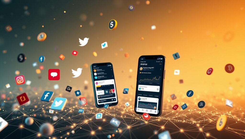A digital landscape of social media platforms and crypto airdrops. In the foreground, various social media icons and logos float amidst a mesh of digital particles and glowing lines, creating a dynamic and interconnected visual. The middle ground features sleek smartphone screens displaying airdrop announcements, NFT project updates, and cryptocurrency charts, all rendered in a clean, minimalist style. The background is a soft, gradient-based environment that evokes a sense of the digital realm, with subtle textures and subtle lighting effects that add depth and atmosphere to the scene. The overall mood is one of technological sophistication, connectivity, and the excitement of participating in the crypto airdrop ecosystem.