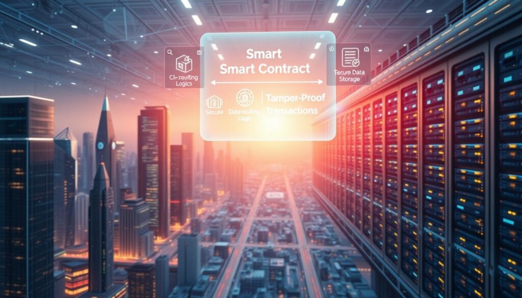 A digital landscape showcasing the intersection of smart contracts and data storage features. In the foreground, a futuristic cityscape with sleek skyscrapers and interconnected networks. Hovering above, a holographic display highlights the key components of a smart contract system - self-executing logic, secure data storage, and tamper-proof transactions. In the middle ground, a vast data center with server racks and glowing indicators, representing the robust and decentralized storage infrastructure. The background is bathed in a soft, warm glow, conveying a sense of technological innovation and progress. The scene is captured with a cinematic wide-angle lens, emphasizing the scale and complexity of the integrated blockchain ecosystem. A digital landscape showcasing the intersection of smart contracts and data storage features. In the foreground, a futuristic cityscape with sleek skyscrapers and interconnected networks. Hovering above, a holographic display highlights the key components of a smart contract system - self-executing logic, secure data storage, and tamper-proof transactions. In the middle ground, a vast data center with server racks and glowing indicators, representing the robust and decentralized storage infrastructure. The background is bathed in a soft, warm glow, conveying a sense of technological innovation and progress. The scene is captured with a cinematic wide-angle lens, emphasizing the scale and complexity of the integrated blockchain ecosystem.