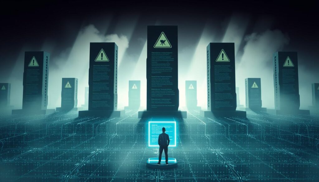 A digital landscape with towering data monoliths, their surfaces etched with warning signs and caution symbols, casting long shadows over a grid of interconnected nodes. In the foreground, a lone figure stands contemplating a glowing holographic display, weighing the risks and considerations of digital asset locking. Diffused lighting filters through a hazy atmosphere, creating a palpable sense of uncertainty. The composition conveys the complexity and potential hazards of navigating the digital asset landscape, highlighting the need for careful analysis and informed decision-making.
