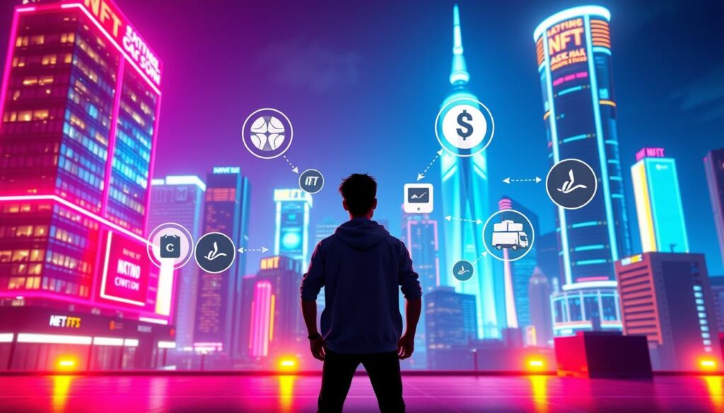 A digital rendering of an NFT affiliate marketing strategy, featuring a central figure representing an influencer or content creator standing in the foreground, surrounded by various elements that symbolize the key components of a successful referral program. The background showcases a vibrant, futuristic cityscape with skyscrapers and glowing neon lights, conveying a sense of technological innovation and the digital landscape of the NFT ecosystem. The lighting is crisp and dramatic, casting dynamic shadows and highlighting the key elements of the scene. The overall mood is one of dynamism, potential, and the promise of earning NFTs through strategic referral campaigns. A digital rendering of an NFT affiliate marketing strategy, featuring a central figure representing an influencer or content creator standing in the foreground, surrounded by various elements that symbolize the key components of a successful referral program. The background showcases a vibrant, futuristic cityscape with skyscrapers and glowing neon lights, conveying a sense of technological innovation and the digital landscape of the NFT ecosystem. The lighting is crisp and dramatic, casting dynamic shadows and highlighting the key elements of the scene. The overall mood is one of dynamism, potential, and the promise of earning NFTs through strategic referral campaigns.
