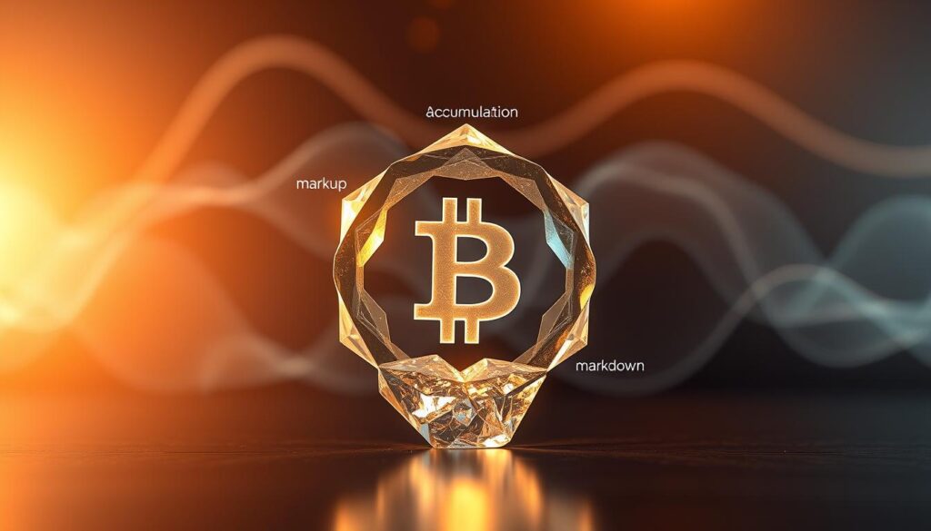 A digital rendering of the bitcoin market cycle phases, illuminated by soft, warm lighting. In the foreground, a crystalline visualization of the cycle's key stages - accumulation, markup, distribution, and markdown - each phase represented by distinct geometric forms. In the middle ground, a backdrop of undulating lines and shapes, evoking the ebb and flow of market trends. The overall composition conveys a sense of balance, order, and the cyclical nature of the cryptocurrency market. A digital rendering of the bitcoin market cycle phases, illuminated by soft, warm lighting. In the foreground, a crystalline visualization of the cycle's key stages - accumulation, markup, distribution, and markdown - each phase represented by distinct geometric forms. In the middle ground, a backdrop of undulating lines and shapes, evoking the ebb and flow of market trends. The overall composition conveys a sense of balance, order, and the cyclical nature of the cryptocurrency market.