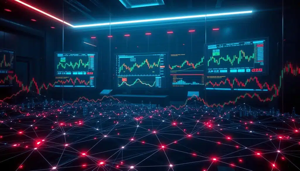 A digital trading floor with artificially generated patterns of fluctuating line charts, candlestick graphs, and colorful data visualizations. The foreground features a complex network of interconnected nodes and arrows, simulating the flow of digital assets. In the middle ground, holographic screens display real-time trading data and algorithmic analysis. The background is a dimly lit, futuristic environment with a sense of techno-dystopian unease, accentuated by moody lighting and ominous shadows. The scene conveys the unseen, manipulative forces at play in the world of digital collectibles and non-fungible tokens.