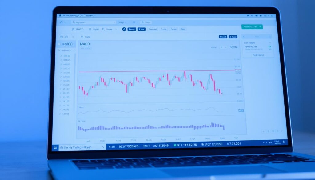 A digital trading platform displaying the MACD (Moving Average Convergence Divergence) indicator on a laptop screen. The interface showcases real-time cryptocurrency price charts, oscillating MACD lines, and intuitive trading controls. Soft blue and gray tones create a calm, focused atmosphere. The screen is well-lit, with a subtle depth of field effect drawing the viewer's attention to the central MACD visualization. The overall scene conveys a professional, analytical environment for cryptocurrency traders to strategize and execute trades based on the MACD technical analysis tool. A digital trading platform displaying the MACD (Moving Average Convergence Divergence) indicator on a laptop screen. The interface showcases real-time cryptocurrency price charts, oscillating MACD lines, and intuitive trading controls. Soft blue and gray tones create a calm, focused atmosphere. The screen is well-lit, with a subtle depth of field effect drawing the viewer's attention to the central MACD visualization. The overall scene conveys a professional, analytical environment for cryptocurrency traders to strategize and execute trades based on the MACD technical analysis tool.