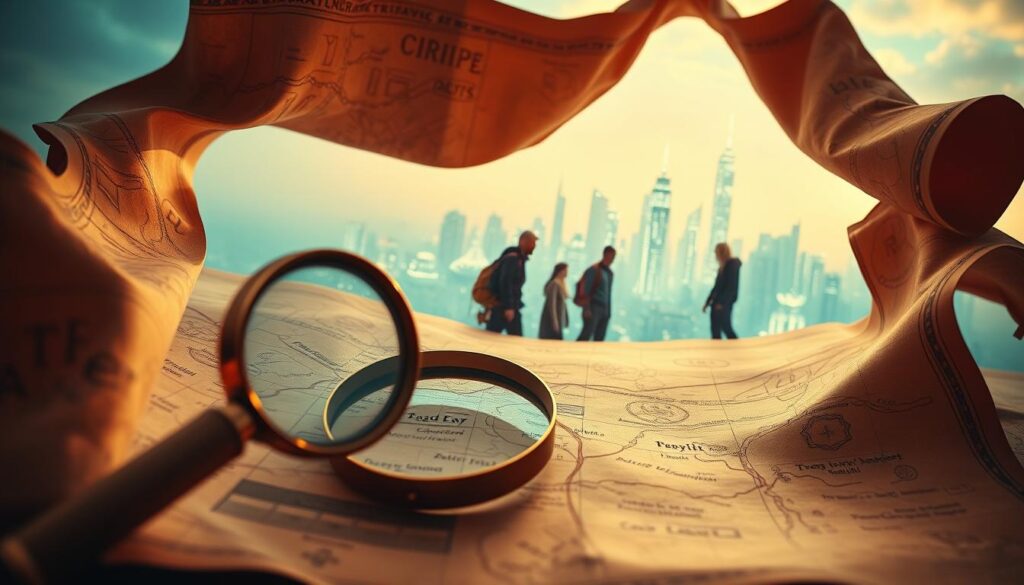 A digital treasure map unfurls, revealing a fantastical landscape of blockchain-powered mysteries. In the foreground, a magnifying glass hovers over the map, highlighting clues and ciphers waiting to be deciphered. The midground features a team of adventurers, each with their own unique skills, strategizing and collaborating to uncover the hidden treasures. In the background, a futuristic city skyline glimmers, hinting at the high-tech nature of this modern-day treasure hunt. Soft, warm lighting casts a sense of wonder and anticipation, while a cinematic camera angle captures the dynamic scene. This image encapsulates the thrill and challenge of implementing successful NFT treasure hunt strategies.