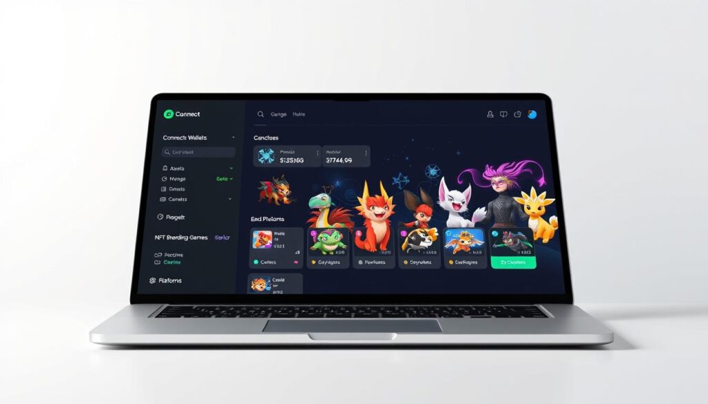 A digital wallet interface displayed on a sleek, modern laptop screen. The foreground features an intuitive dashboard with options to connect blockchain wallets, manage NFT assets, and access various NFT breeding game platforms. The middle ground showcases vibrant, fantastical NFT characters, each with unique visual styles, representing the diverse ecosystem of blockchain gaming. The background is a minimalist, monochromatic gradient, creating a clean, futuristic ambiance. The overall composition conveys a sense of seamless integration between the digital wallet, blockchain technology, and the immersive world of NFT breeding games.