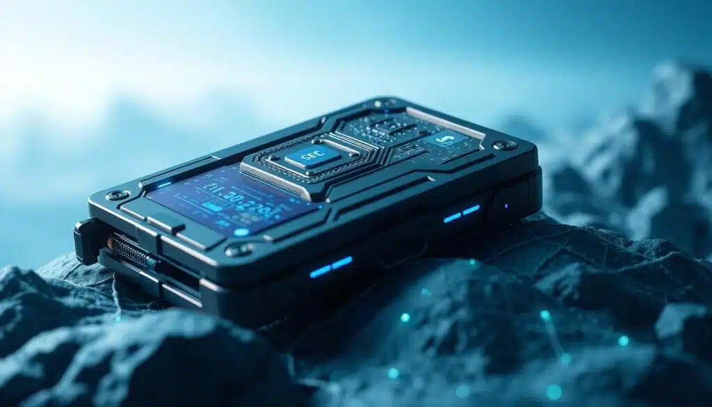 A digital wallet rests on a futuristic blockchain landscape, its sturdy shell and advanced security features prominently displayed. Holographic displays and intricate circuitry suggest cutting-edge cryptographic protection. The background is a gradient of blues and greens, evoking the tranquil yet dynamic nature of the decentralized network. Soft, directional lighting illuminates the wallet, casting subtle shadows that emphasize its robust design. The overall tone is one of confidence and reassurance, conveying the secure storage of valuable digital assets for blockchain gaming enthusiasts.