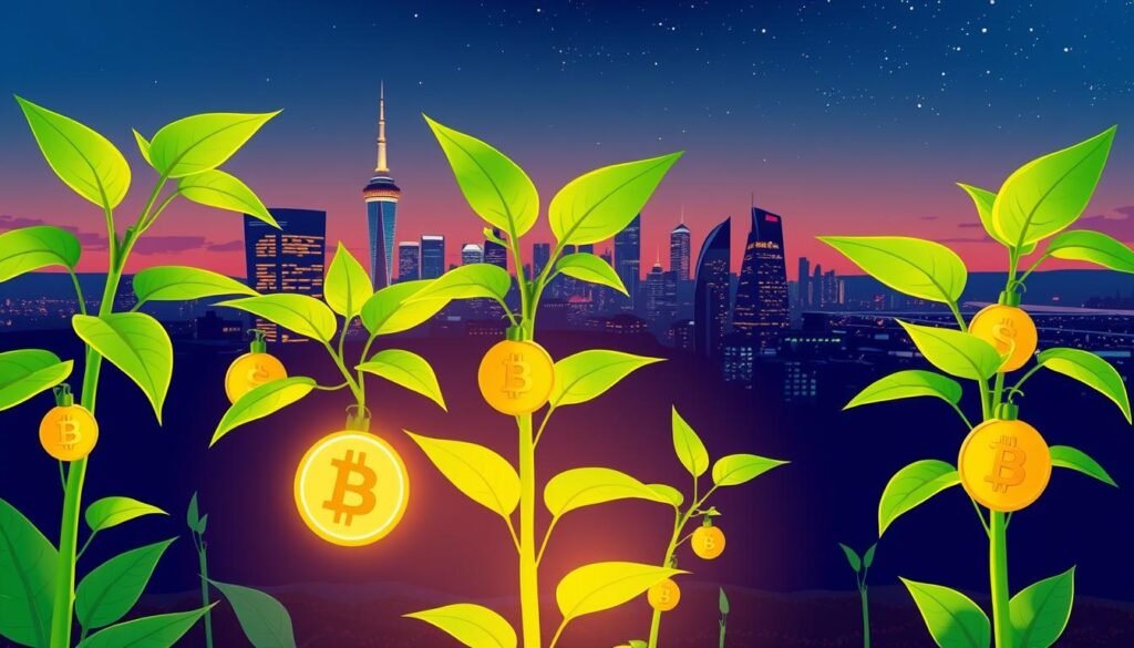 A digitally illustrated scene representing yield farming and liquidity pools in the crypto world. In the foreground, vibrant green plants with cryptocurrency symbols as fruits hanging from their branches, symbolizing growth and rewards. In the middle ground, a sleek, modern financial district skyline at dusk, with neon lights glowing, reflecting the innovative nature of crypto. In the background, a clear night sky filled with stars, representing opportunity and potential. Soft, ambient lighting creates a hopeful and prosperous mood, with a focus on the plants illuminated by ethereal light, metaphorically shedding light on the concepts of APY and liquidity. The composition should maintain a clean, professional aesthetic, capturing the essence of passive income in the digital age.