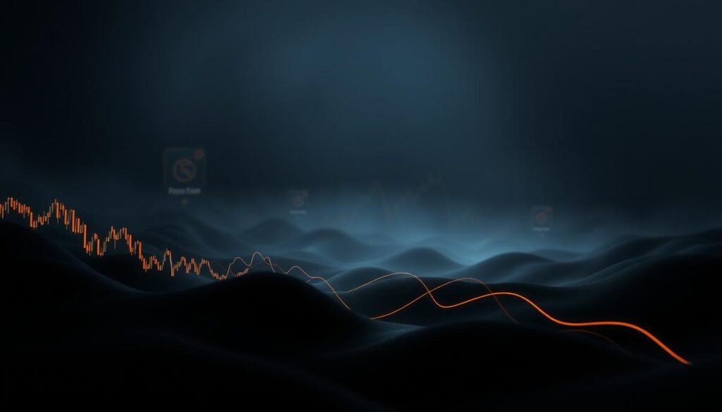 A dimly lit, abstract landscape depicting the risks of slippage and impermanent loss in crypto automated market making. In the foreground, sinuous lines representing volatile cryptocurrency charts twist and undulate, casting flickering shadows across the scene. In the middle ground, stylized symbols of liquidity pools and trading activity emerge from a hazy, ethereal background, their edges blurred and indistinct. The overall atmosphere is one of uncertainty and instability, conveying the challenges of managing these risks in the dynamic world of decentralized finance. A dimly lit, abstract landscape depicting the risks of slippage and impermanent loss in crypto automated market making. In the foreground, sinuous lines representing volatile cryptocurrency charts twist and undulate, casting flickering shadows across the scene. In the middle ground, stylized symbols of liquidity pools and trading activity emerge from a hazy, ethereal background, their edges blurred and indistinct. The overall atmosphere is one of uncertainty and instability, conveying the challenges of managing these risks in the dynamic world of decentralized finance.