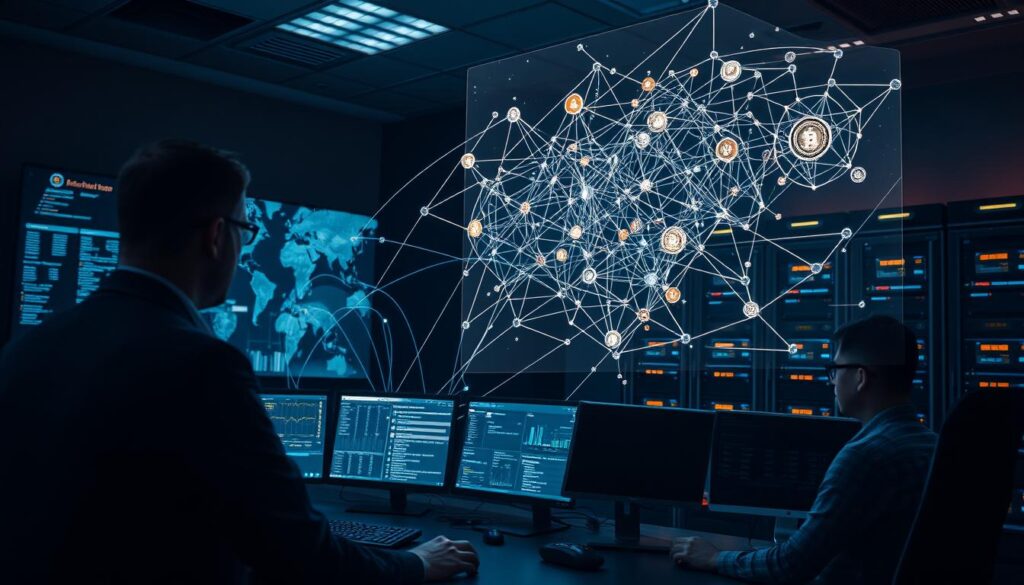 A dimly lit command center, with a holographic display showcasing a complex blockchain transaction network. In the foreground, a team of law enforcement analysts intently studying the intricate web of cryptocurrency movements, their faces illuminated by the glow of multiple screens. The middle ground features specialized cybersecurity software, visualizing threat patterns and anomalies. In the background, a bank of high-performance servers hum, processing vast amounts of data to uncover the trail of a ransomware attack. The scene conveys a sense of urgency and determination, as the investigators work to disrupt the criminal network and bring the perpetrators to justice. A dimly lit command center, with a holographic display showcasing a complex blockchain transaction network. In the foreground, a team of law enforcement analysts intently studying the intricate web of cryptocurrency movements, their faces illuminated by the glow of multiple screens. The middle ground features specialized cybersecurity software, visualizing threat patterns and anomalies. In the background, a bank of high-performance servers hum, processing vast amounts of data to uncover the trail of a ransomware attack. The scene conveys a sense of urgency and determination, as the investigators work to disrupt the criminal network and bring the perpetrators to justice.