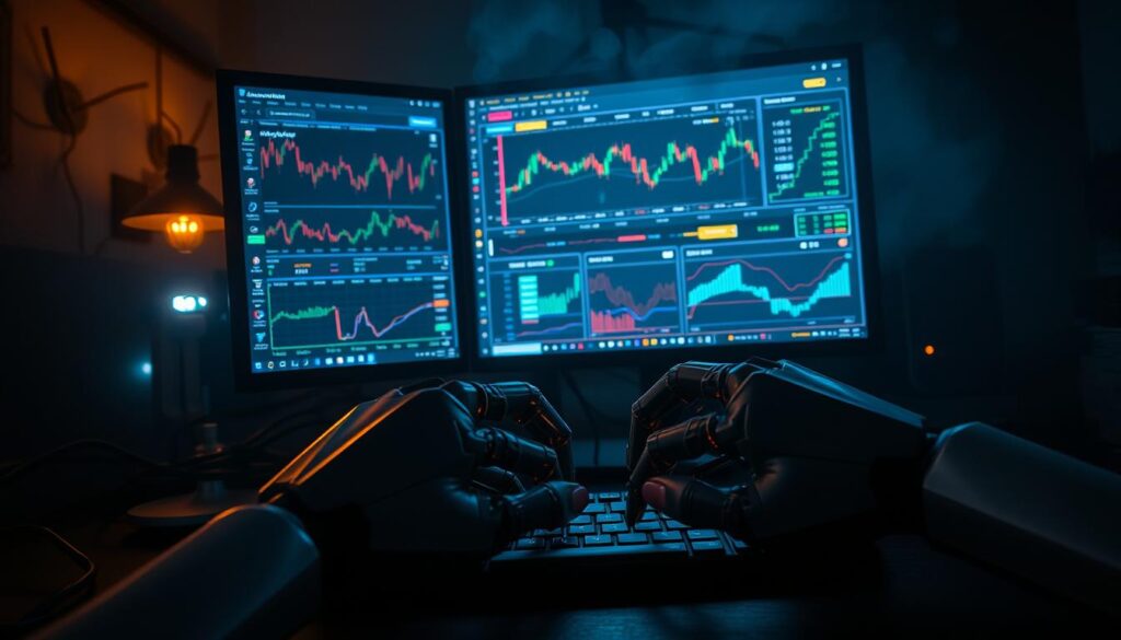 A dimly lit computer workstation with a tangle of wires and circuit boards. On the screen, a complex dashboard of real-time cryptocurrency charts, technical indicators, and automated trading algorithms. In the foreground, a pair of disembodied robotic hands manipulate the mouse and keyboard, their movements rapid and precise as they execute trades. The background is hazy, with a sense of urgency and intensity conveyed through dramatic lighting and shadows. The overall atmosphere is one of technological sophistication, financial complexity, and the relentless pace of the crypto markets.
