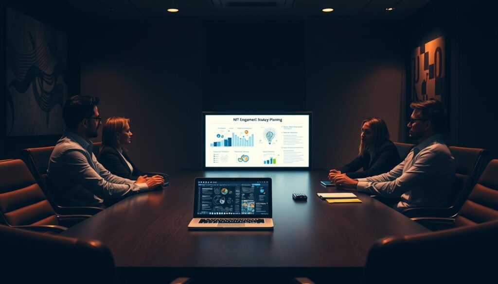 A dimly lit conference room, with a large table surrounded by sleek chairs. On the table, a laptop displays a detailed presentation on "NFT Engagement Strategy Planning". Intricate diagrams, charts, and bullet points illuminate the strategy, casting a soft glow across the faces of the attentive business executives gathered around. The lighting is warm and focused, creating a sense of intensity and concentration. The room's walls are adorned with abstract digital art, hinting at the innovative nature of the discussion. An air of professionalism and strategic thinking pervades the scene. A dimly lit conference room, with a large table surrounded by sleek chairs. On the table, a laptop displays a detailed presentation on "NFT Engagement Strategy Planning". Intricate diagrams, charts, and bullet points illuminate the strategy, casting a soft glow across the faces of the attentive business executives gathered around. The lighting is warm and focused, creating a sense of intensity and concentration. The room's walls are adorned with abstract digital art, hinting at the innovative nature of the discussion. An air of professionalism and strategic thinking pervades the scene.