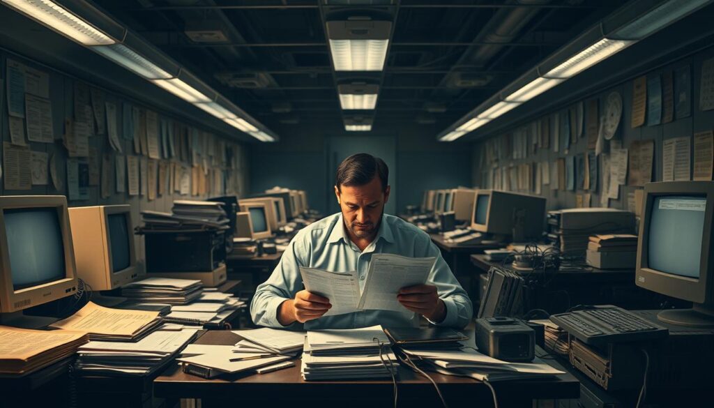 A dimly lit corporate office, the air thick with the weight of financial uncertainty. Rows of desks are littered with outdated ledgers, paper documents, and antiquated computers, a visual metaphor for the traditional, manual approach to crypto risk management. In the center, a lone analyst pores over spreadsheets, their brow furrowed with concern, surrounded by a tangle of wires and outdated technology. The overall scene conveys a sense of inefficiency, complexity, and the inability to keep pace with the rapidly evolving crypto landscape.
