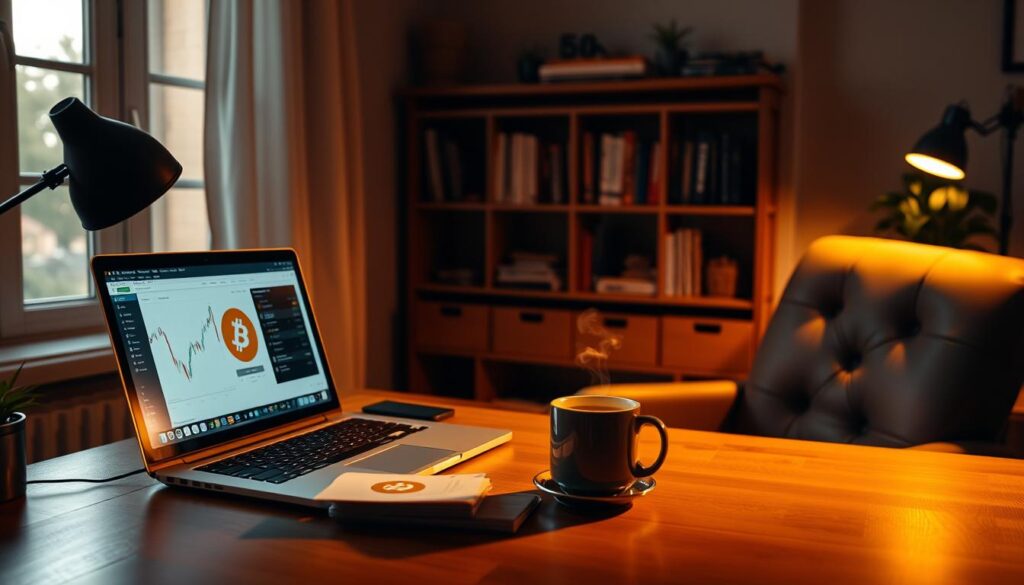 A dimly lit, cozy home office with a wooden desk and comfortable chair. On the desk, a laptop, a mug of steaming coffee, and various crypto-themed objects like a bitcoin symbol, a graph chart, and a small stack of trading notes. The room is bathed in warm, soft lighting, creating a focused, contemplative atmosphere. In the background, a shelf with reference books and a potted plant, suggesting a space of knowledgeable, disciplined crypto trading. The overall scene conveys a sense of practical, well-considered crypto trading strategies.