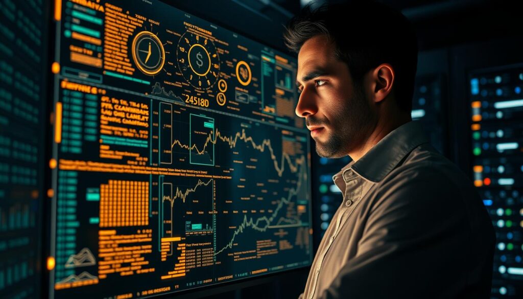 A dimly lit data center, servers humming in the background. On a large holographic display, intricate data visualizations unfold, patterns and anomalies emerging amidst a sea of financial transactions. A data scientist, brow furrowed in concentration, analyzes the information, searching for signs of fraudulent activity. The room is illuminated by the glow of the screens, casting a warm, technological ambiance. Sophisticated algorithms crunch numbers, identifying suspicious behaviors and potential rug pulls. This is the future of financial security, where machine learning and data analysis work in tandem to safeguard against crypto scams.