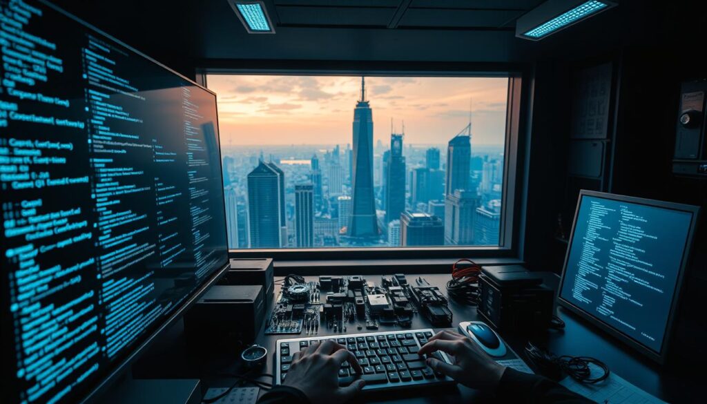 A dimly lit, futuristic development environment. In the foreground, sleek holographic screens display lines of code in various programming languages. Amidst the soft glow of digital interfaces, a developer's hands type commands on a minimalist keyboard. The middle ground features an array of 3D-printed hardware components, their intricate designs hinting at the complexity of the blockchain architecture being built. In the background, a panoramic window reveals a bustling cityscape, the towering skyscrapers of a smart city symbolizing the enterprise-level ambitions of the blockchain platform.