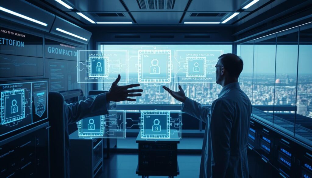 A dimly lit, futuristic laboratory with holographic displays and sleek, minimalist interfaces. In the foreground, a scientist gestures towards a series of blockchain transaction visualizations, each one shrouded in a translucent, geometric encryption field. The middle ground features data nodes and servers, their inner workings visible through transparent casings. The background showcases a panoramic view of a sprawling, high-tech cityscape, hinting at the widespread applications of zero-knowledge proof technology. The overall atmosphere conveys a sense of innovation, privacy, and the seamless integration of blockchain and real-world use cases.