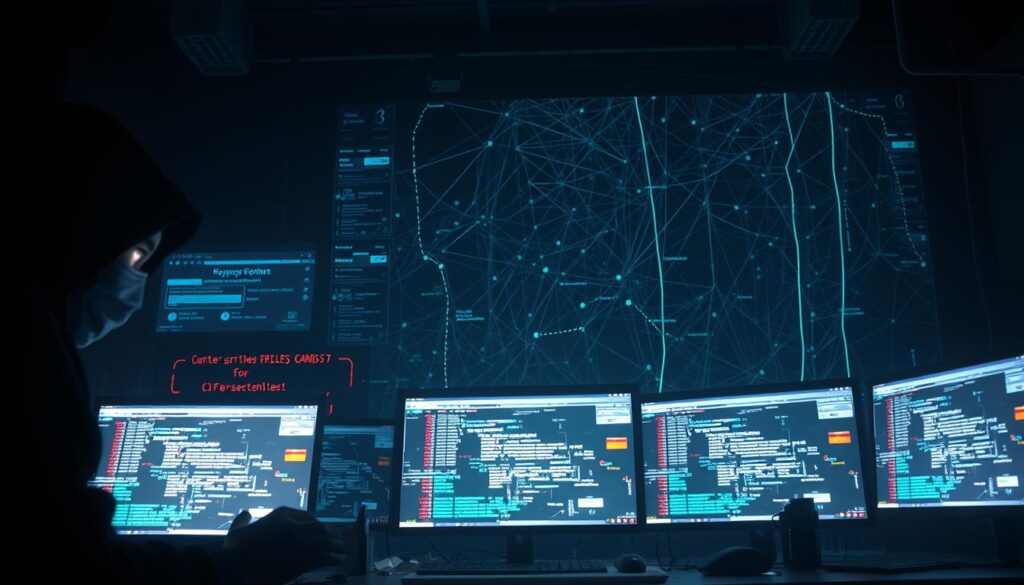 A dimly lit, high-tech cybercrime den. In the foreground, shadowy figures hover over glowing computer screens, their faces obscured by digital masks. The middle ground reveals an array of sophisticated hacking tools - keyloggers, phishing templates, and cryptocurrency wallets. In the background, a tangled web of virtual transactions and data streams, obfuscated by layers of encryption. The scene conveys a sense of malicious intent, where AI-enhanced scamming methods are meticulously plotted and executed. Cinematic lighting casts an ominous glow, heightening the sense of danger and the relentless pursuit of ill-gotten gains.