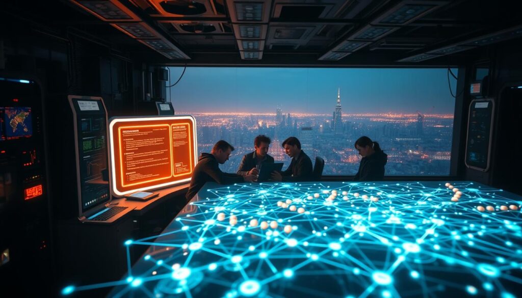 A dimly lit, high-tech laboratory with various holographic displays and digital interfaces. In the foreground, a series of interconnected rules and algorithms are visualized as a complex, glowing network, hinting at the intricate process of creating generative NFT collections. The middle ground features a team of researchers and engineers deeply engaged in analyzing and tweaking the system, their expressions intense with focus. In the background, a vast expanse of futuristic architecture and cityscape, suggesting the scale and importance of this endeavor. The overall atmosphere is one of precision, innovation, and the boundless potential of generative art.