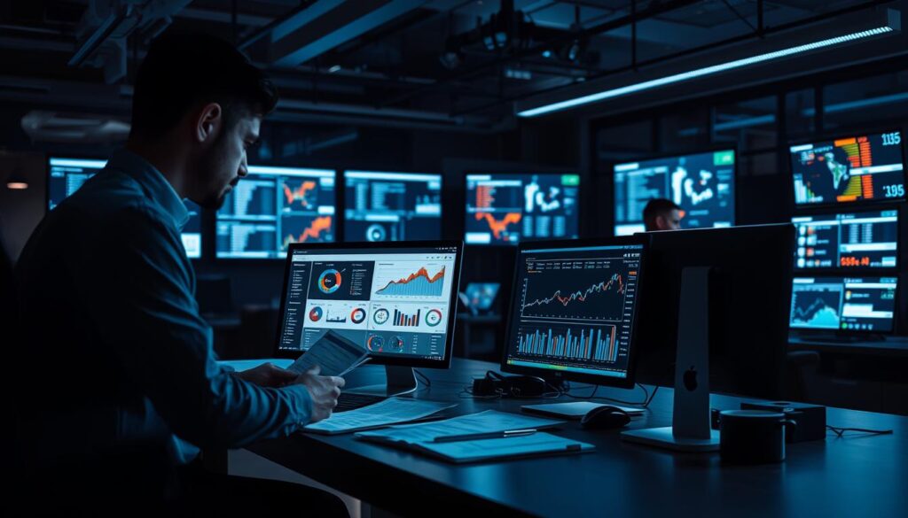 A dimly lit, high-tech office environment, with a central desk featuring a desktop computer displaying compliance dashboards and analytics. In the foreground, a business executive examines documents and financial reports, while in the background, a security team monitors surveillance screens displaying transaction logs and risk indicators. Subtle lighting casts shadows, creating an atmosphere of diligence and seriousness. The composition emphasizes the complexity and rigor of AML (Anti-Money Laundering) and KYC (Know Your Customer) compliance measures, reflecting the challenges faced in navigating sanctions and regulatory enforcement actions. A dimly lit, high-tech office environment, with a central desk featuring a desktop computer displaying compliance dashboards and analytics. In the foreground, a business executive examines documents and financial reports, while in the background, a security team monitors surveillance screens displaying transaction logs and risk indicators. Subtle lighting casts shadows, creating an atmosphere of diligence and seriousness. The composition emphasizes the complexity and rigor of AML (Anti-Money Laundering) and KYC (Know Your Customer) compliance measures, reflecting the challenges faced in navigating sanctions and regulatory enforcement actions.