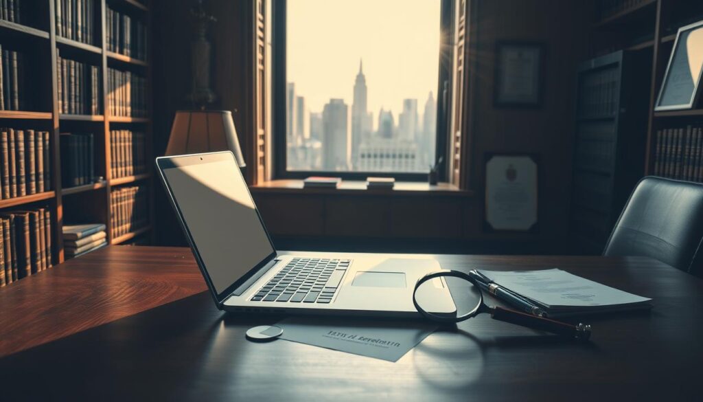 A dimly lit legal office, with wooden shelves and a large window overlooking a city skyline. On the desk, a laptop displays legal documents related to NFT photography, with a magnifying glass and pen nearby. Soft, warm lighting casts shadows across the scene, creating an atmosphere of thoughtful contemplation. In the background, a bookshelf filled with law volumes and a framed diploma on the wall suggest the expertise and authority required to navigate the complex legal landscape of NFT art. The overall mood is one of careful consideration, as the viewer is invited to ponder the nuanced security and copyright implications of this emerging digital art form.