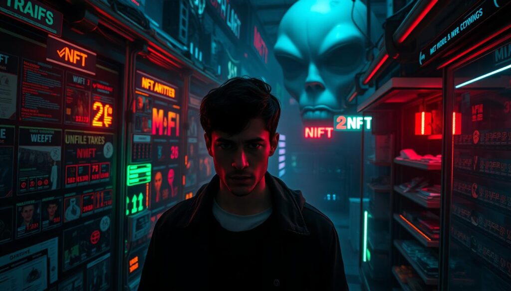 A dimly lit, neon-infused NFT marketplace, its virtual landscape shrouded in a sense of unease and caution. In the foreground, a cautious user navigates through the maze-like interface, eyes narrowed, scanning for any signs of deception. The middle ground reveals a multitude of NFT listings, some tempting, others suspect, as glowing data streams intertwine, hinting at the complexities of the ecosystem. In the background, a looming sense of uncertainty casts a shadow over the entire scene, urging the user to proceed with vigilance and discernment. Dramatic lighting and a moody color palette evoke the tension of avoiding scams in this digital realm.