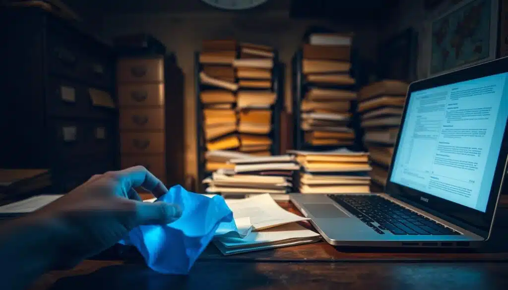 A dimly lit office, cluttered with filing cabinets and paper documents scattered across an old wooden desk. Faint blue light emanates from a laptop, illuminating the vulnerabilities of a traditional records system - unsecured access, outdated storage, and the risk of data loss or tampering. In the foreground, a hand reaches towards a crumpled file, highlighting the fragility of this analog approach. The middle ground reveals stacks of yellowed folders, while the background is obscured by shadows, symbolizing the lack of transparency and accountability. The overall atmosphere conveys a sense of antiquated bureaucracy, vulnerable to modern threats.