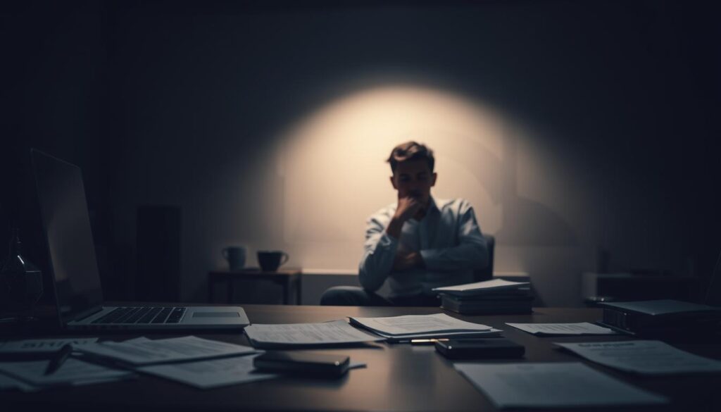 A dimly lit office scene, with a desk in the foreground featuring a laptop, smartphone, and scattered documents. In the middle ground, a figure sitting at the desk, hand on chin, examining the contents of the laptop screen with a concerned expression. The background is hazy, with abstract shapes and patterns representing the complexity of cryptocurrency scams. Soft, dramatic lighting casts shadows, creating a pensive, investigative atmosphere. The overall scene conveys the idea of carefully scrutinizing potential fraudulent activities in the cryptocurrency space.