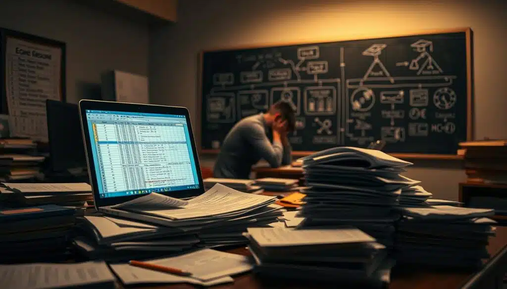 A dimly lit office setting, showcasing the traditional challenges of credential verification. In the foreground, a desk with a laptop displaying a disorganized spreadsheet filled with student records. Piles of paper documents and folders clutter the desk, highlighting the manual, time-consuming nature of the process. The middle ground features a person, frustrated, hunched over the desk, struggling to reconcile discrepancies across multiple sources. The background depicts a chalkboard or whiteboard, with sketches and diagrams representing the various steps and bottlenecks in the current credential verification system. Soft, warm lighting illuminates the scene, creating a sense of contemplation and the need for a more efficient solution.