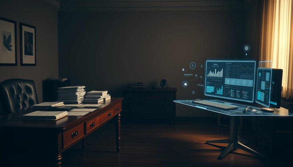 A dimly lit office setting, with a traditional wooden desk and leather chair on the left, contrasted by a sleek, modern workstation on the right. On the traditional desk, stacks of paperwork and a calculator represent the analog methods of asset management. Across the room, the digital workstation showcases a holographic display, with floating data visualizations and AI-powered analytics tools, symbolizing the tokenized approach. Soft, warm lighting illuminates the scene, creating a sense of contemplation as the two management styles are compared side by side. A dimly lit office setting, with a traditional wooden desk and leather chair on the left, contrasted by a sleek, modern workstation on the right. On the traditional desk, stacks of paperwork and a calculator represent the analog methods of asset management. Across the room, the digital workstation showcases a holographic display, with floating data visualizations and AI-powered analytics tools, symbolizing the tokenized approach. Soft, warm lighting illuminates the scene, creating a sense of contemplation as the two management styles are compared side by side.