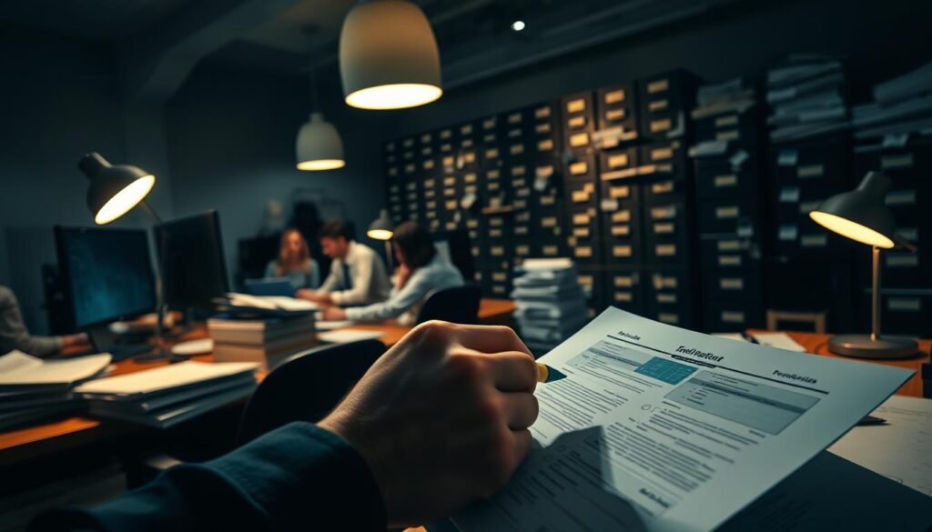 A dimly lit office space, the warm glow of desk lamps casting a soft light on stacks of paperwork and computer screens. In the foreground, a hand carefully reviews a document, highlighter in hand, meticulously ensuring regulatory compliance. The middle ground features a team of professionals, each focused on their tasks, surrounded by a myriad of charts, graphs, and legal documents. In the background, a towering wall of filing cabinets, a testament to the importance of thorough record-keeping in the financial services industry. The atmosphere is one of concentration and diligence, reflecting the critical nature of maintaining regulatory compliance in this dynamic sector.