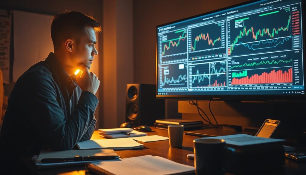 A dimly lit office space, with a large monitor displaying various graphs and charts. In the foreground, a data scientist intently studying the screen, deep in thought, as they evaluate the performance of a machine learning model used for algorithmic trading. The middle ground features a cluttered desk, with notebooks, pens, and a cup of coffee, reflecting the analytical process. The background casts a warm, focused glow, creating an atmosphere of concentration and problem-solving. The scene conveys the technical complexity and intellectual rigor involved in assessing the effectiveness of machine learning models in the context of cryptocurrency market analysis.